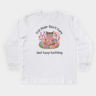 Watercolour Cat Knitting Kids Long Sleeve T-Shirt